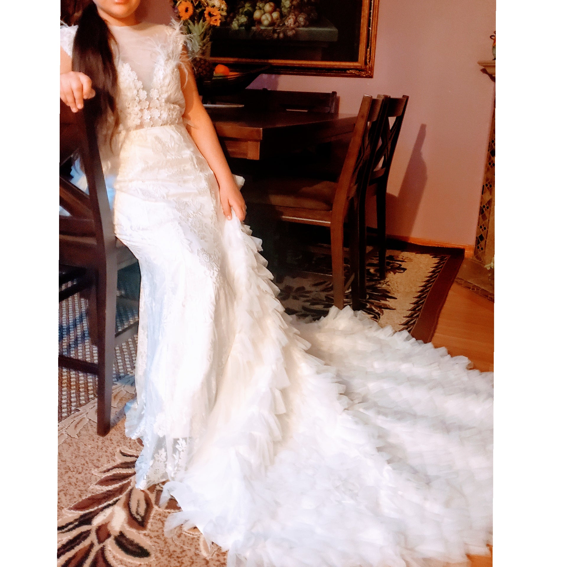 Mermaid Sleeveless Feather Gown with attachable long ruffled skirt